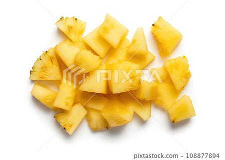 Pineapple Cuts Isolated, Raw Ananas Pieces, Comosus Tropical Fruit Chunks, Ripe Pine Apple Slices on White 108877894