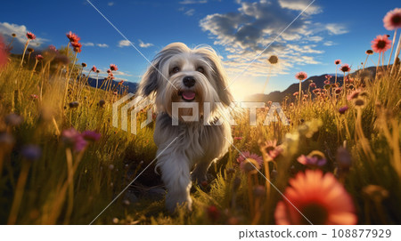 Lively dog in nature settings, full of flowers and glowing sunlight - generative AI 108877929