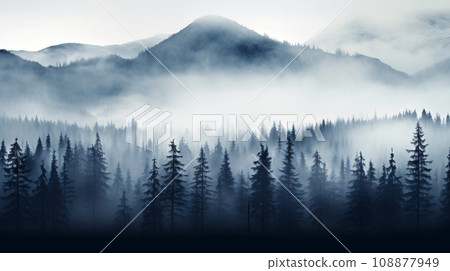 Pine trees in the fog - dark forest with... - Stock Illustration ...