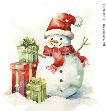 watercolor christmas snowman with presents. watercolor christmas snowman with presents. 108878011
