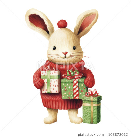 an illustration of a cute bunny with christmas gifts isolatedan illustration of a cute bunny with christmas gifts isolated. 108878012