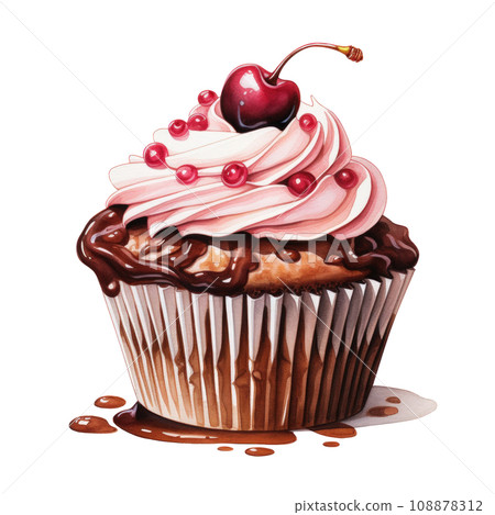 watercolor cupcake with cherry isolated watercolor cupcake with cherry isolated 108878312
