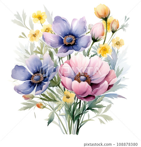 watercolor spring flowers bouqut isolated 108878380
