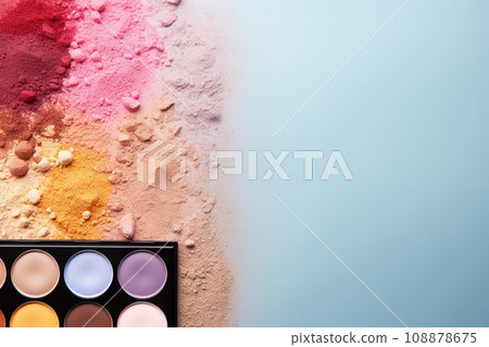 top view mockup cosmetic items with on copy-space pastel colored table 108878675
