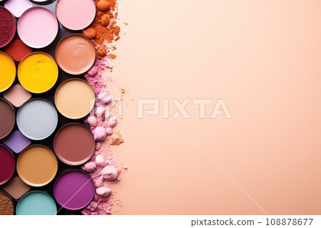 top view mockup cosmetic items with on copy-space pastel colored table 108878677