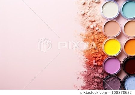top view mockup cosmetic items with on copy-space pastel colored table 108878682