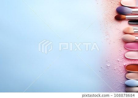 top view mockup cosmetic items with on copy-space pastel colored table 108878684