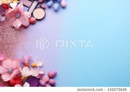 top view mockup cosmetic items with on copy-space pastel colored table 108878686