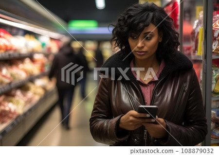 woman african america shopping in supermarket or department store. woman african america shopping in supermarket or department store. 108879032