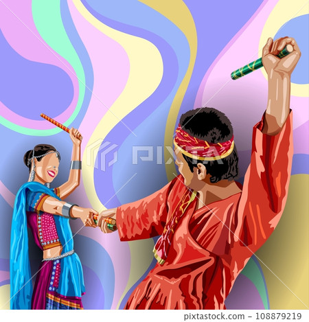 An Indian man and woman dancing Dandiya on colorful polygonal background 108879219