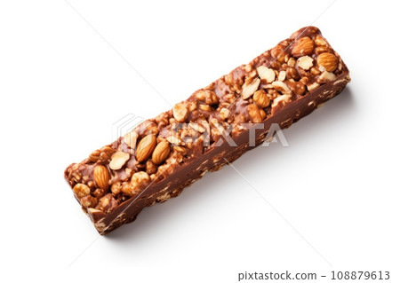 Cocoa Chia Paleo Bar, Crumbled Energy Snack with Nuts Isolated. Muesli Snack, Protein Candy 108879613