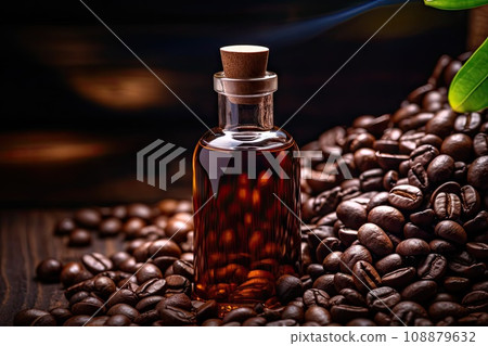 Coffee Beans Oil in Small Vintage Bottle, Organic Essential Oil of Whole Roasted Coffea Arabica 108879632