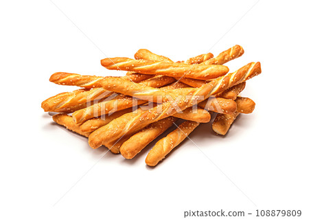 Bread Sticks, Pretzel Straws, Sesame Grissini, Pretzels Snack with Sesame Seeds, Long Rusks Bread Sticks, Pretzel Straws, Sesame Grissini, Pretzels Snack with Sesame Seeds, Long Rusks 108879809