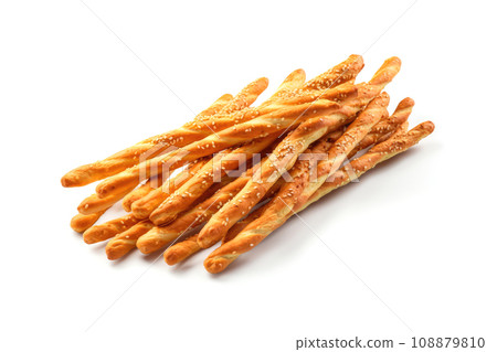 Bread Sticks, Pretzel Straws, Sesame Grissini, Pretzels Snack with Sesame Seeds, Long Rusks 108879810