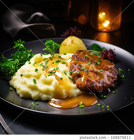 Traditional Polish Chop, Breaded Cutlet, Roasted Pork Steak in Breadcrumbs with Fresh Cabbage Salads 108879811