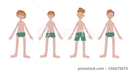 Four Irish boys in swimsuits. Children. Kids. Diversity. Pale freckled skin and ginger hair. Vector illustration in flat style 108879870