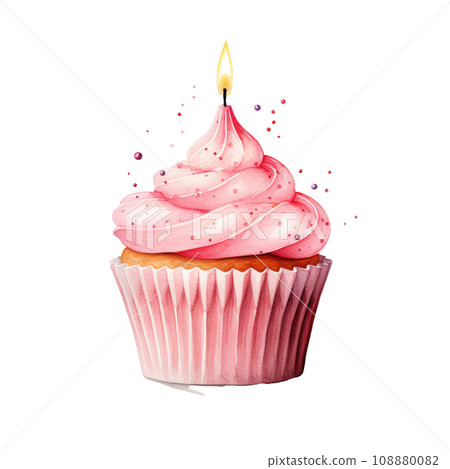 watercolor pink birthday cupcake with candle isolated watercolor pink birthday cupcake with candle isolated 108880082