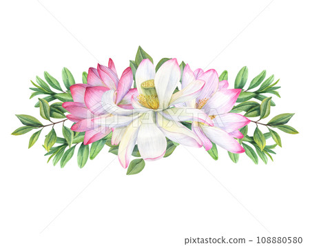 Floral composition with beautiful blooming lotuses and green branches. Water lilies, tea bush leaves. Abstract foliage, sacred lotus flower. Watercolor illustration. For greetings, package, label. 108880580