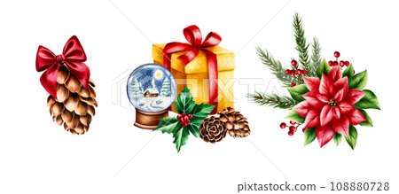 Watercolor christmas composition with gift, glass snowball globe, cones and holly berries, poinsettia, pine branch illustration. New year gold present box with red bow isolated on white background. 108880728
