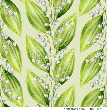 Watercolor seamless pattern with bouquets of lilies of the valley flowers isolated on background. Spring and Easter hand painted illustration. For designers, wedding, decoration, postcards, wrapping 108880740