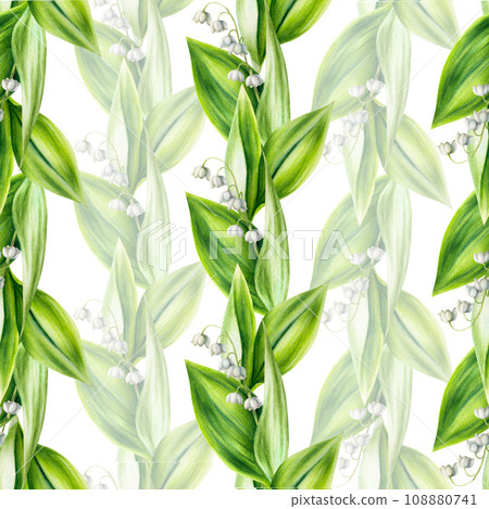 Watercolor seamless pattern with bouquets of lilies of the valley flowers isolated on background. Spring and Easter hand painted illustration. For designers, wedding, decoration, postcards, wrapping Watercolor seamless pattern with bouquets of lilies of the valley flowers isolated on background. Spring and Easter hand painted illustration. For designers, wedding, decoration, postcards, wrapping 108880741