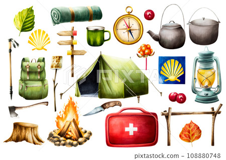 Watercolor composition with green camping tent, hiking and camping backpack, rolled up blanket and sleeping bag illlustration. Mountin equipment for recreation tourism and adverture isolated on white 108880748