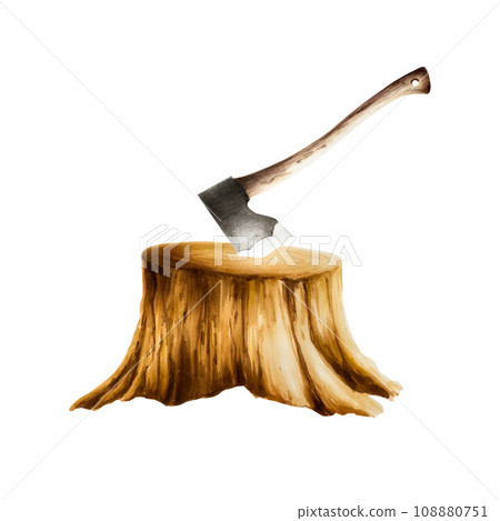 Marker illustration of camping axe in wooden stump. Watercolor style. Mountin equipment for recreation tourism and adverture isolated on white background. Clip art for autumn and winter decor. For Marker illustration of camping axe in wooden stump. Watercolor style. Mountin equipment for recreation tourism and adverture isolated on white background. Clip art for autumn and winter decor. For 108880751