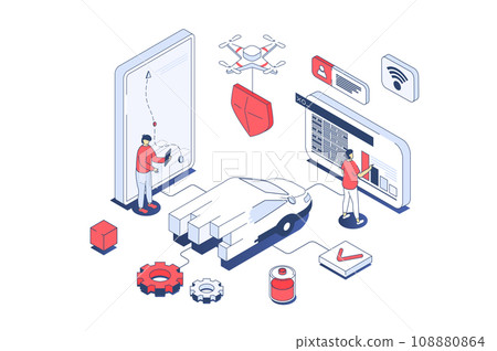 Smart car concept in 3d isometric design. Men managing electric car at mobile phone app, creating routes in online navigation map. Illustration with isometry people scene for web graphic. 108880864