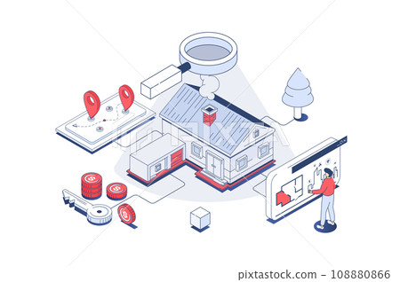 Real estate concept in 3d isometric design. Man researching architect blueprints, searching new home at housing market, buying property. Illustration with isometry people scene for web graphic. 108880866