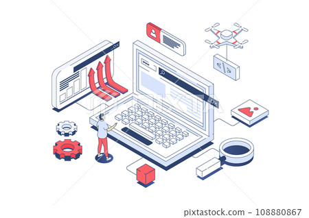 Programming concept in 3d isometric design. Developer coding and working with software development, creating and releasing new products. Illustration with isometry people scene for web graphic. 108880867