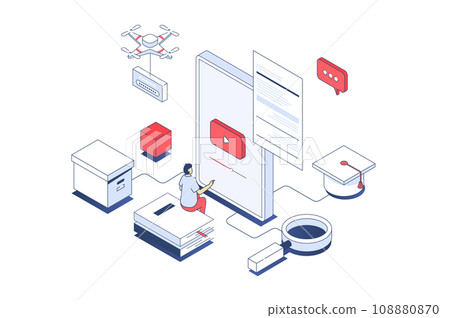 Modern education concept in 3d isometric design. Student watching tutorials or video lectures in mobile app, learning at home online. Illustration with isometry people scene for web graphic. 108880870