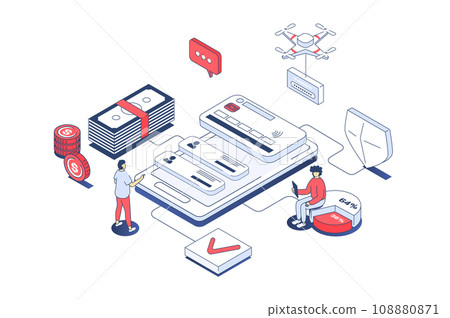Mobile wallet app concept in 3d isometric design. Clients managing personal financial credit cards and accounts in online banking. Illustration with isometry people scene for web graphic. Mobile wallet app concept in 3d isometric design. Clients managing personal financial credit cards and accounts in online banking. Illustration with isometry people scene for web graphic. 108880871