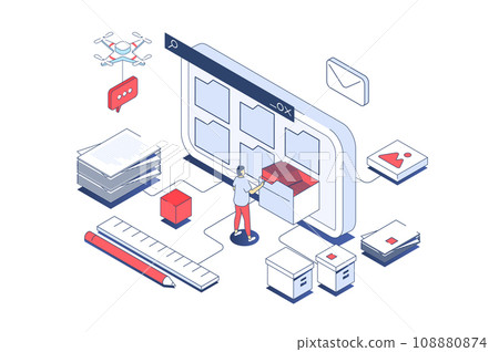 Electronic organization files concept in 3d isometric design. Man organizing files in folders on screen, share and downloading documents. Illustration with isometry people scene for web graphic. Electronic organization files concept in 3d isometric design. Man organizing files in folders on screen, share and downloading documents. Illustration with isometry people scene for web graphic. 108880874