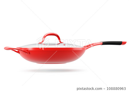 Stainless steel red frying pan with glass lid and chrome cookware on white 108880963
