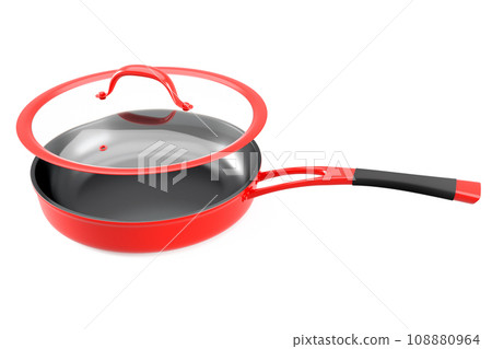 Stainless steel red frying pan with glass lid and chrome cookware on white Stainless steel red frying pan with glass lid and chrome cookware on white 108880964