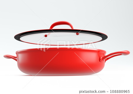 Stainless steel red frying pan with glass lid and chrome cookware on white Stainless steel red frying pan with glass lid and chrome cookware on white 108880965