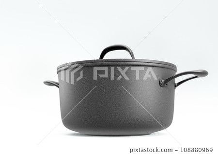 Stainless steel cooker with lid and chrome cookware on white background Stainless steel cooker with lid and chrome cookware on white background 108880969