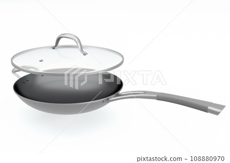 Stainless steel frying pan with glass lid and chrome cookware on white Stainless steel frying pan with glass lid and chrome cookware on white 108880970