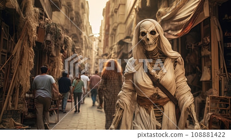 In a city setting, a mummy is seen strolling through the streets in a photo, sparking a mix of astonishment and appreciation from the modern-day observers 108881422