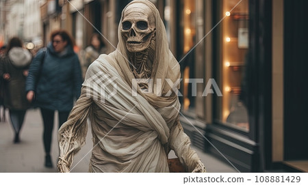 Photo of a mummy strolling through city streets, causing surprise and admiration among modern passersby Photo of a mummy strolling through city streets, causing surprise and admiration among modern passersby 108881429