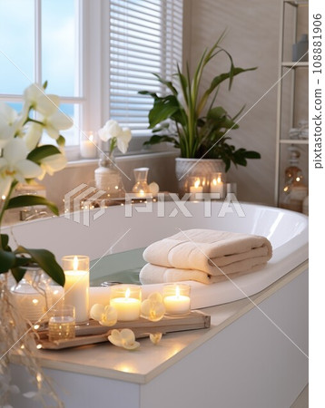 Beautifully decorated bathroom tray with flowers and candles, home bathroom interior decor with copy space Beautifully decorated bathroom tray with flowers and candles, home bathroom interior decor with copy space 108881906