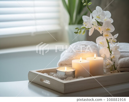 Beautifully decorated bathroom tray with flowers and candles, home bathroom interior decor with copy space 108881916
