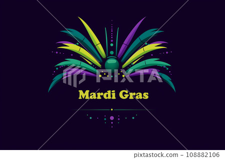 Carnival Mardi Gras label with masquerade mask, feathers, text. Vintage style 108882106