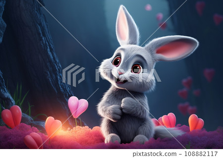 Valentine's day card with Kawaii bunny. Rabbit cartoon collection. Small lovely rabbit holds love heart Valentine's day card with Kawaii bunny. Rabbit cartoon collection. Small lovely rabbit holds love heart 108882117
