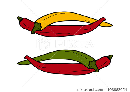 Set of 2 pairs of colorful chili peppers intertwined. Traditional Latin American seasoning and spice Set of 2 pairs of colorful chili peppers intertwined. Traditional Latin American seasoning and spice 108882654