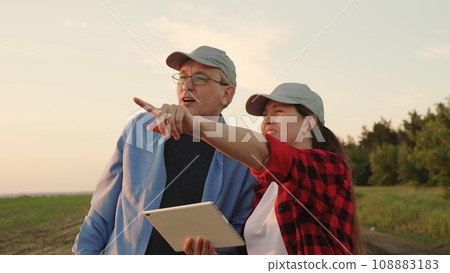 two farmers working tablets, field group conversations, group transactional teamwork, agricultural business, farming cultivation, space sunflower contract professional cultivate adult analytics 108883183