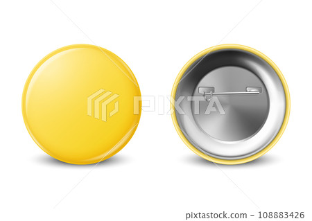 Vector 3d Realistic Blank Yellow Round Button Badge Set Closeup Isolated on a White Background. Button Badge, Plastic or Metal ID Badge Design Template, Mockup. Front View Vector 3d Realistic Blank Yellow Round Button Badge Set Closeup Isolated on a White Background. Button Badge, Plastic or Metal ID Badge Design Template, Mockup. Front View 108883426