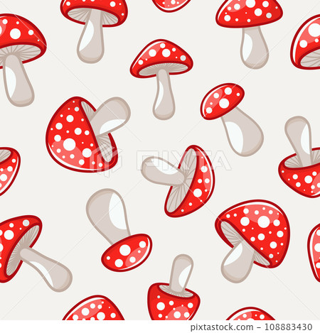 Vector Seamless Pattern with Hand Drawn Cartoon Mushrooms. Amanita Muscaria, Fly Agaric Illustration. Print with Mushrooms. Magic Mushroom Symbol, Design Template Vector Seamless Pattern with Hand Drawn Cartoon Mushrooms. Amanita Muscaria, Fly Agaric Illustration. Print with Mushrooms. Magic Mushroom Symbol, Design Template 108883430