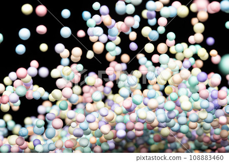 Styrofoam mini ball fly explosion, Pastel foam mini balls float explode, abstract cloud fly. styrofoam pastel mini sphere balls splash throwing in Air. Black background Isolated 108883460