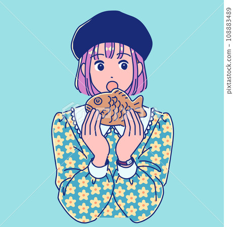 復古流行女孩吃鯛魚燒 復古流行女孩吃鯛魚燒 108883489